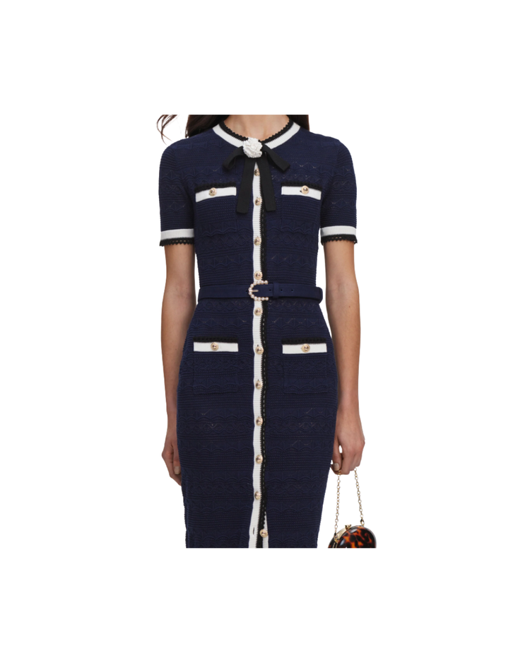 Navy Pointelle Knit Midi Dress