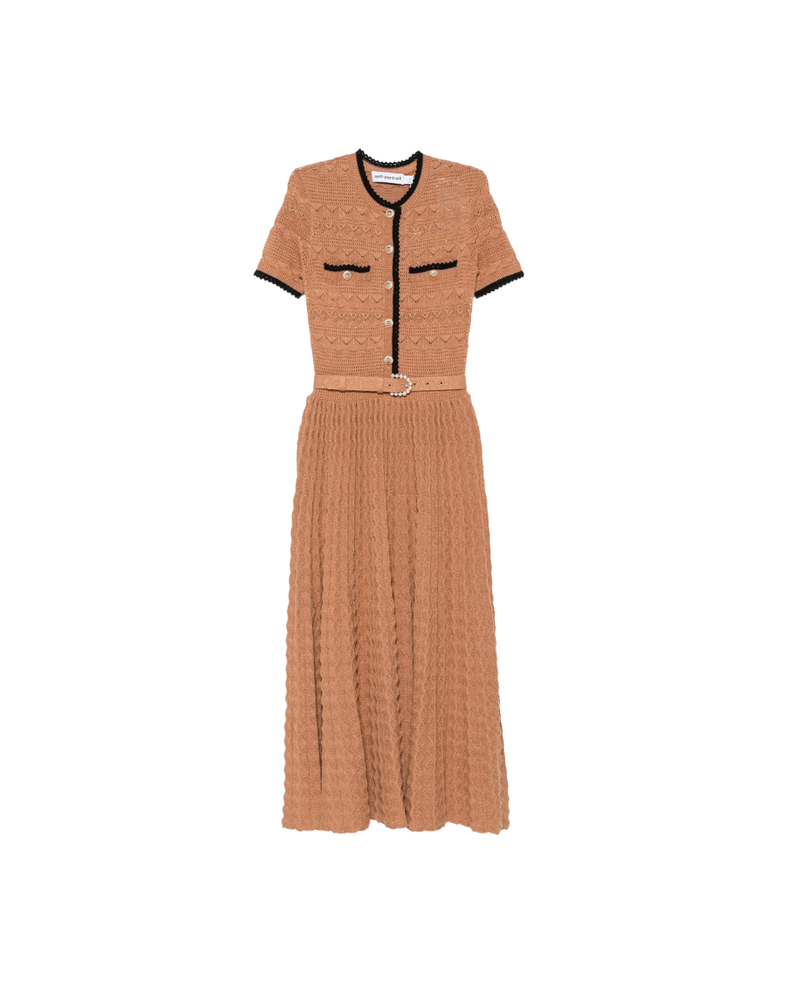 Brown Pointelle Knit Midi Dress