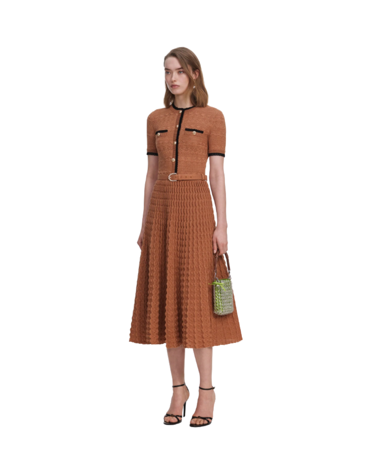 Brown Pointelle Knit Midi Dress