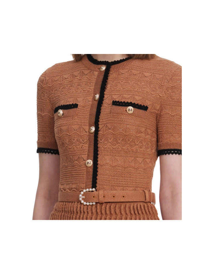Brown Pointelle Knit Midi Dress
