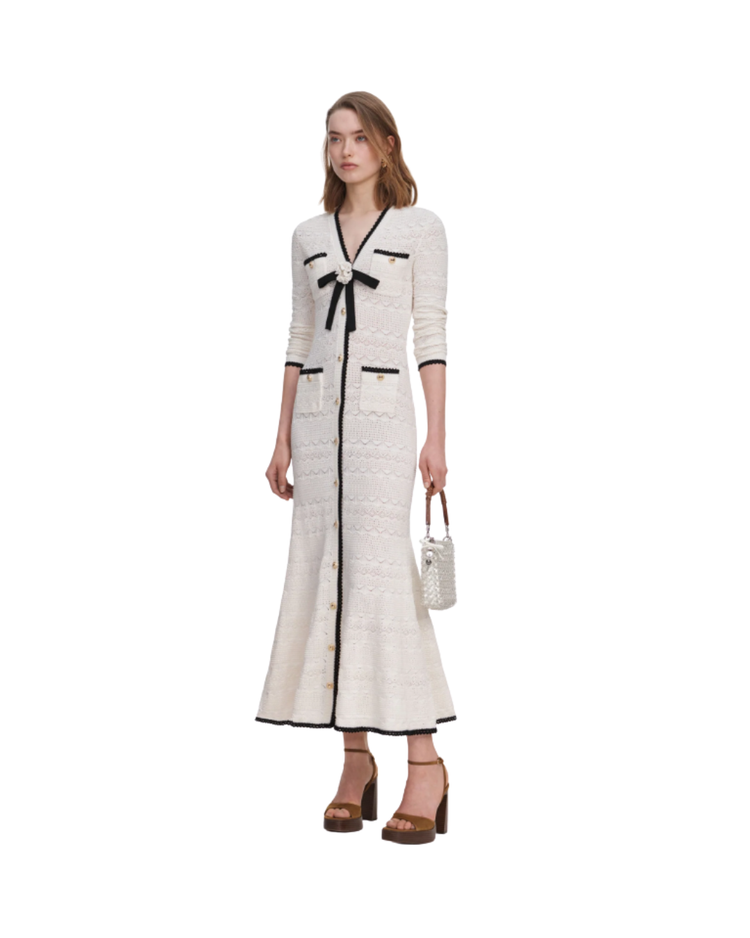 White Pointelle Knit Long Cardigan