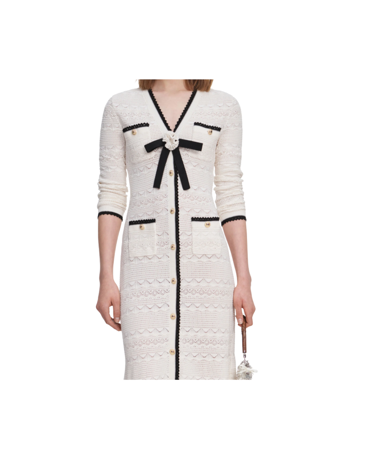 White Pointelle Knit Long Cardigan