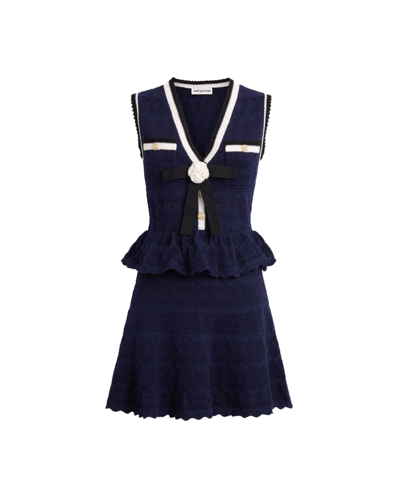 Navy Peplum Pointelle Knit Mini Dress