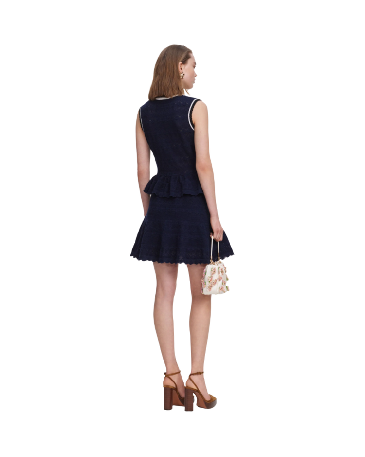 Navy Peplum Pointelle Knit Mini Dress