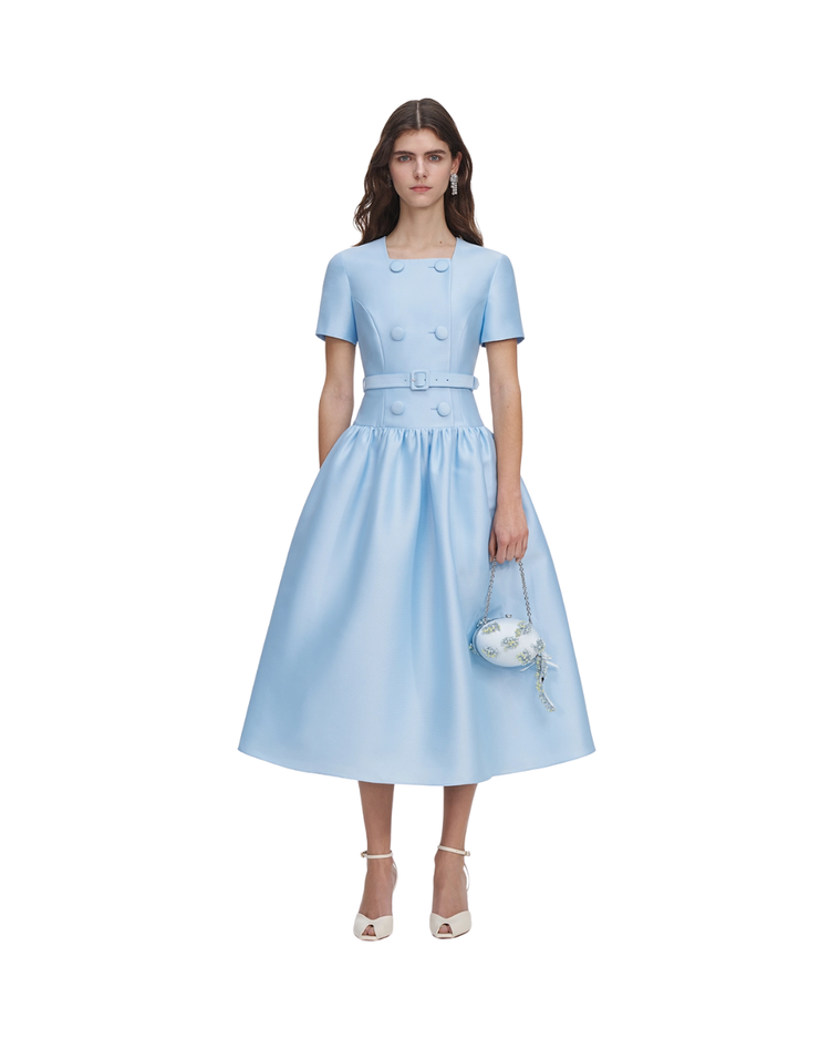 Blue Button Front Taffeta Midi Dress