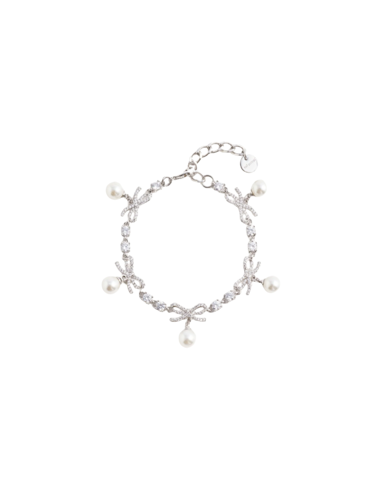 Crystal Bow Pearl Charm Bracelet