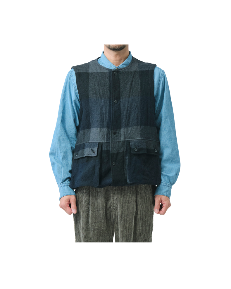 WO Panel Check Washed Long Field Vest