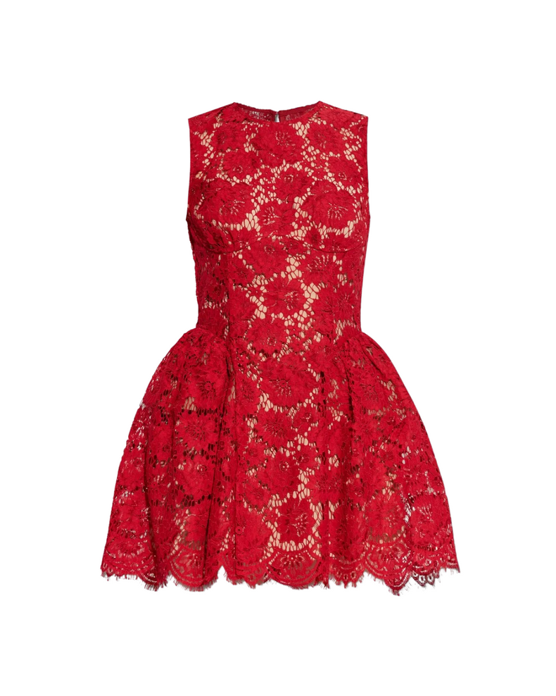 Red Fine Lace Pearl Mini Dress