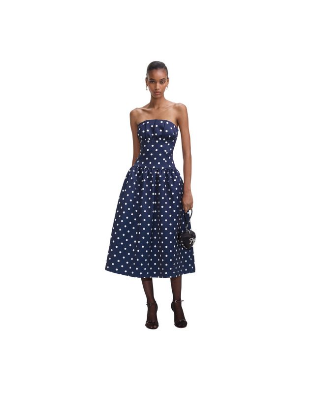 Navy Polka Dot Satin Midi Dress