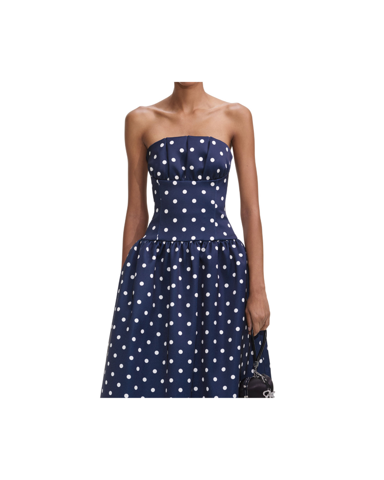 Navy Polka Dot Satin Midi Dress