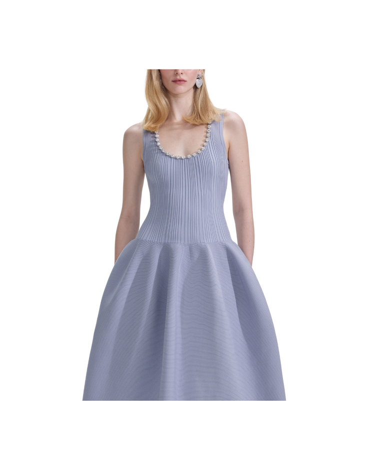 Blue Ribbed Knit Diamante Midi Dress