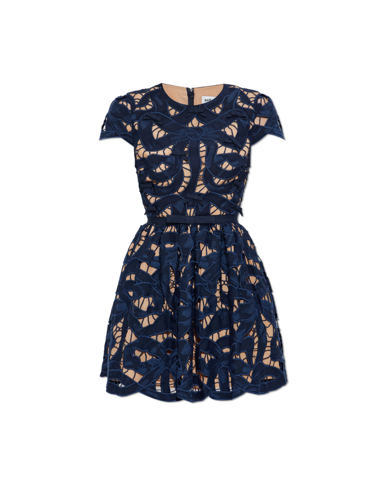 Navy Bow Embroidered Mini Dress