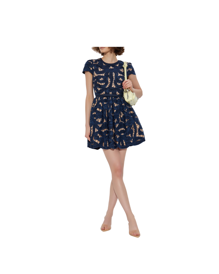 Navy Bow Embroidered Mini Dress