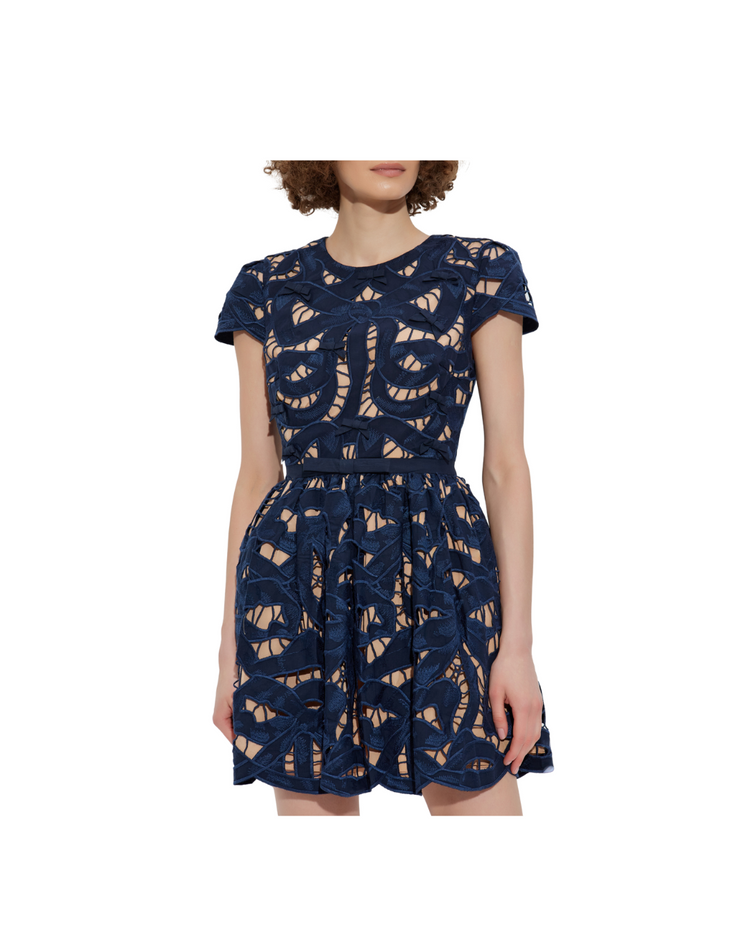 Navy Bow Embroidered Mini Dress