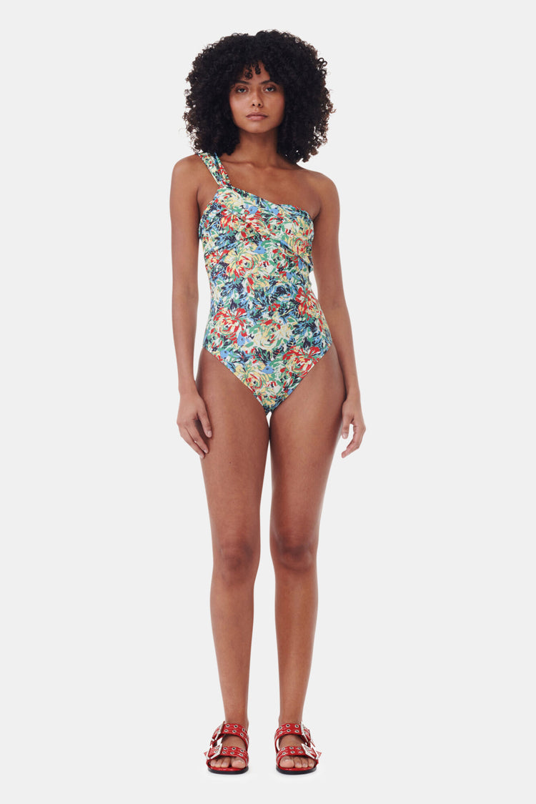 Recycled Printed Gathered Asymmetric Swimsuit