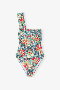 Recycled Printed Gathered Asymmetric Swimsuit