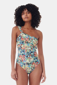 Recycled Printed Gathered Asymmetric Swimsuit