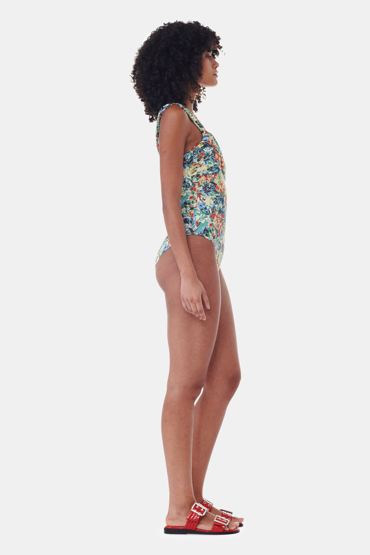 Recycled Printed Gathered Asymmetric Swimsuit