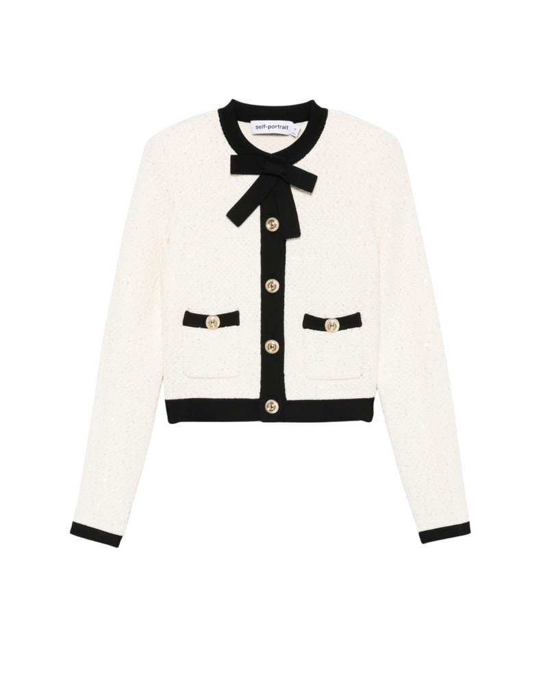 Cream Sequin Pussy Bow Cardigan