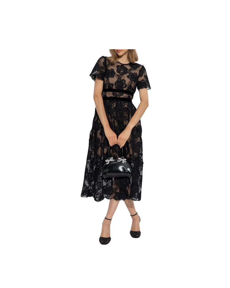 Black Lace Velvet Bow Midi Dress