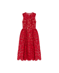 Red Fine Lace Pearl Midi Dress