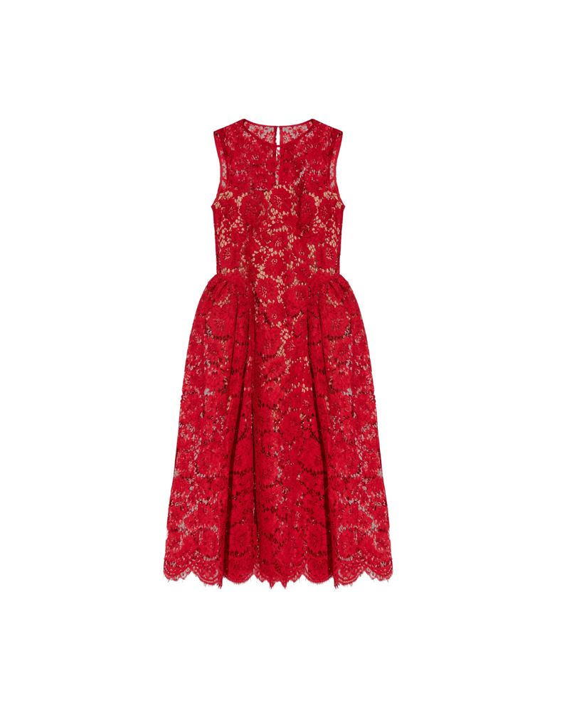 Red Fine Lace Pearl Midi Dress