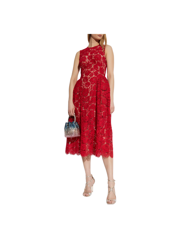 Red Fine Lace Pearl Midi Dress
