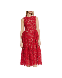 Red Fine Lace Pearl Midi Dress