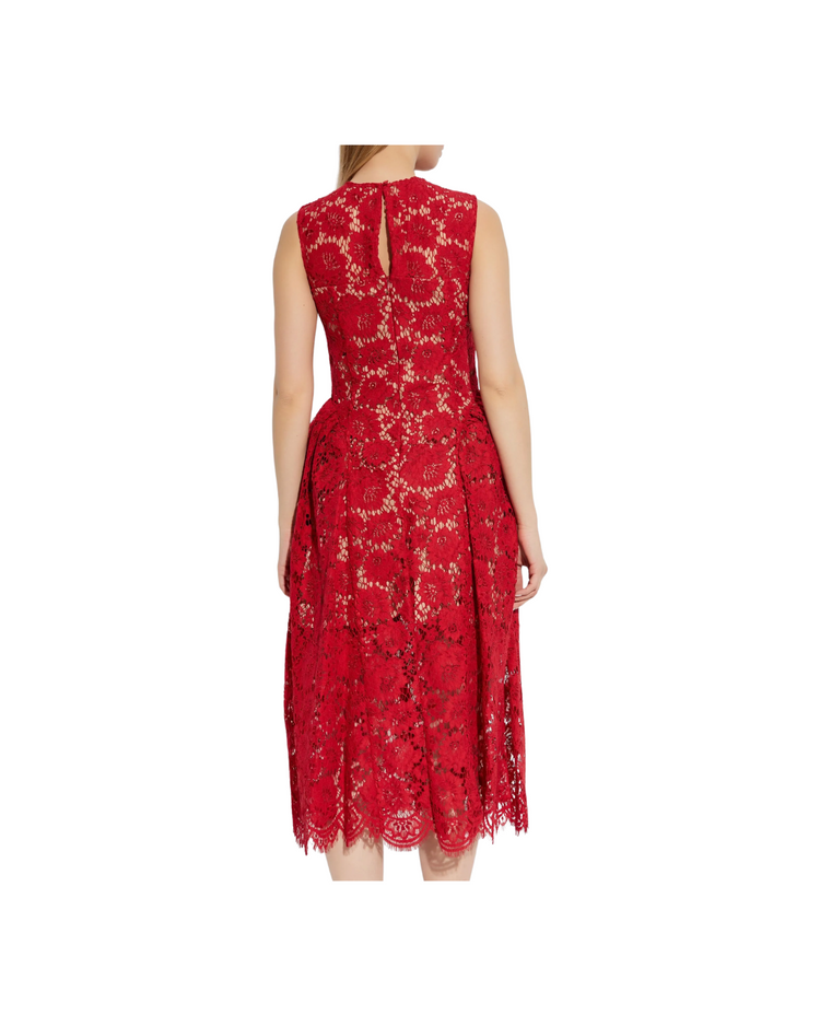 Red Fine Lace Pearl Midi Dress