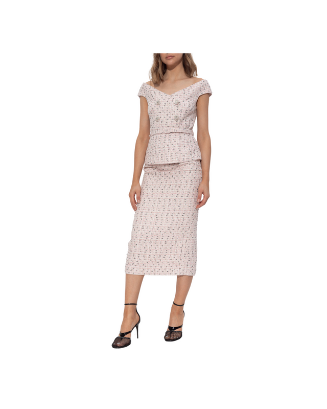 Pink Boucle Pearl Midi Dress
