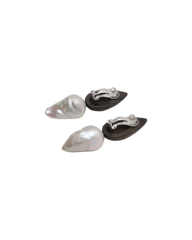 Orage Earrings: Baroque Pearl, Bog Oak