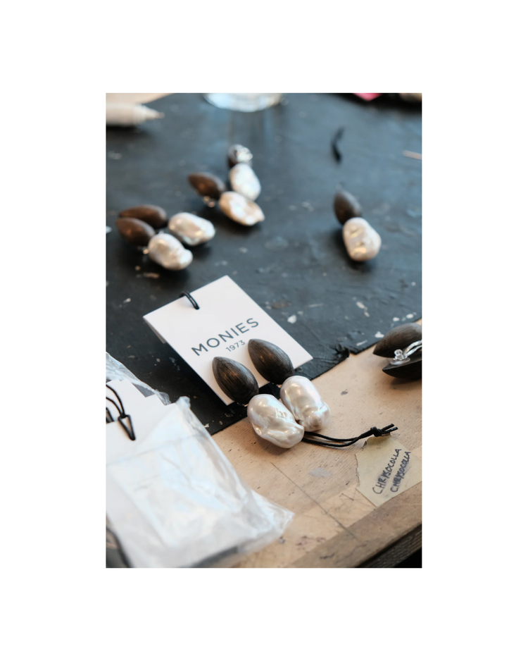 Orage Earrings: Baroque Pearl, Bog Oak