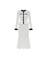 White Pointelle Knit Contrast Midi Dress
