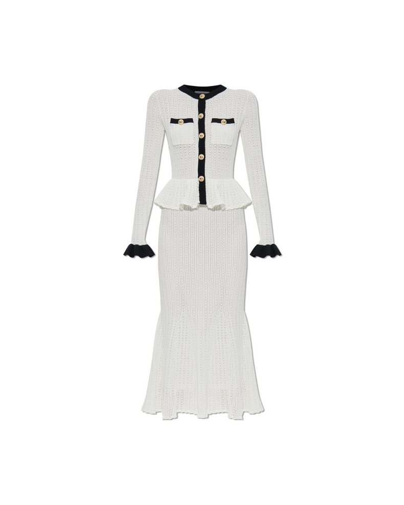 White Pointelle Knit Contrast Midi Dress