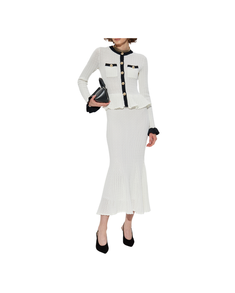 White Pointelle Knit Contrast Midi Dress