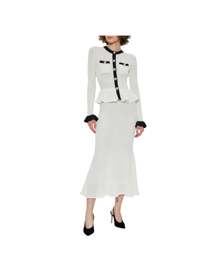 White Pointelle Knit Contrast Midi Dress