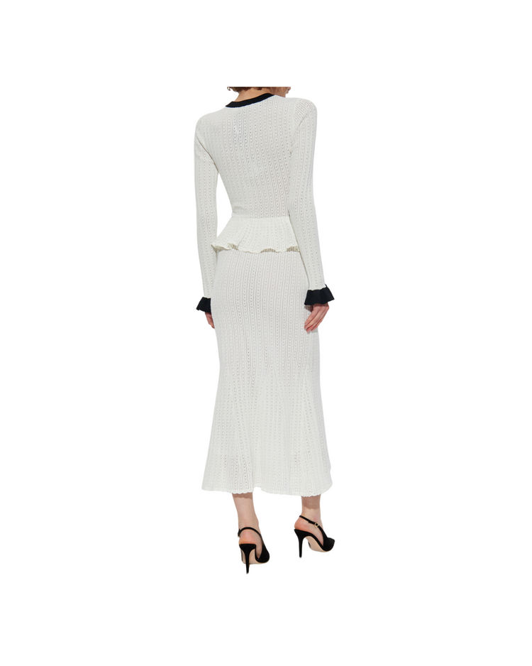 White Pointelle Knit Contrast Midi Dress