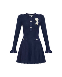 Navy Pointelle Knit Crochet Flower Mini Dress