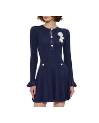 Navy Pointelle Knit Crochet Flower Mini Dress