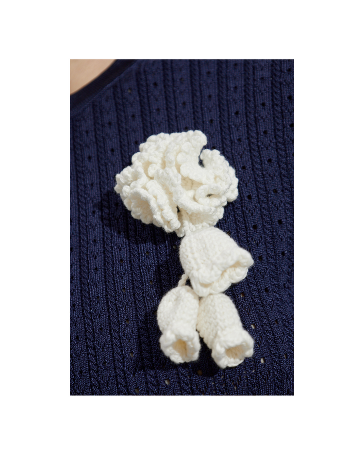 Navy Pointelle Knit Crochet Flower Mini Dress