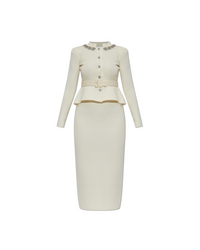 Cream Wool Peplum Knit Midi Dress