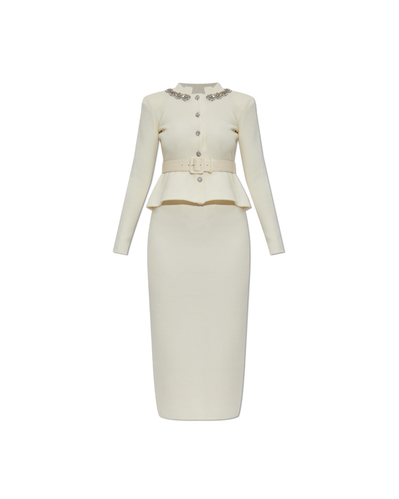 Cream Wool Peplum Knit Midi Dress