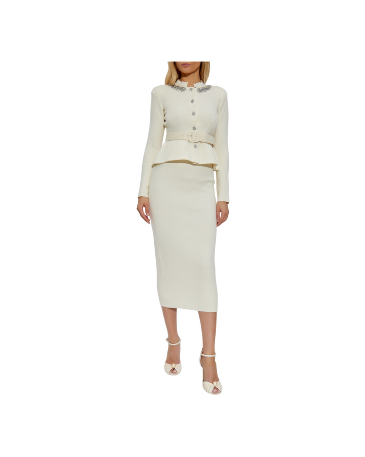 Cream Wool Peplum Knit Midi Dress