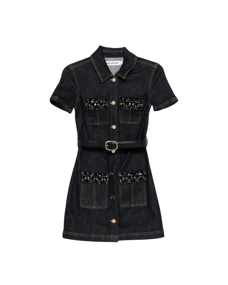 Indigo Denim Crystal Trim Mini Dress