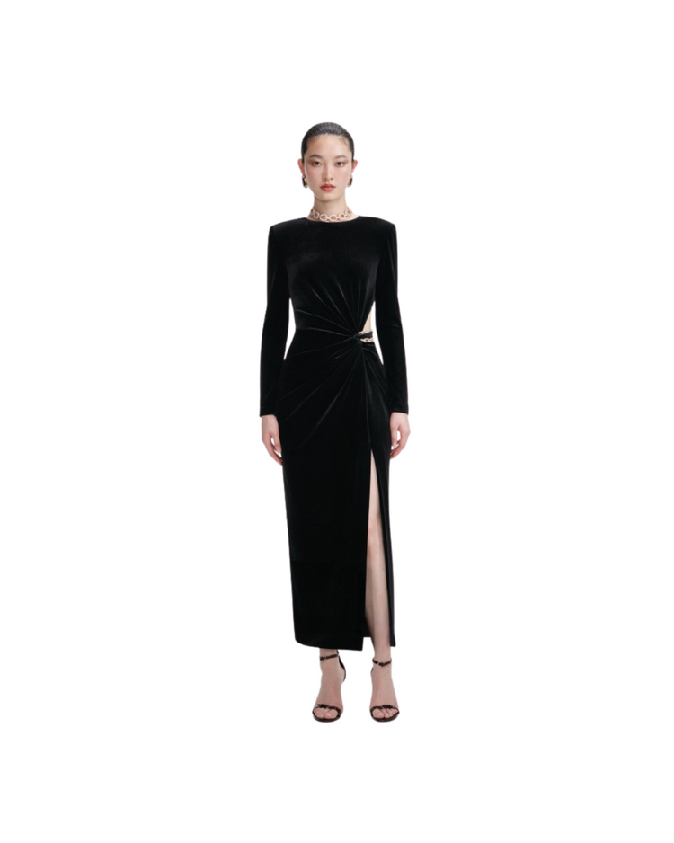 Black Velvet Embellished Midi Dress