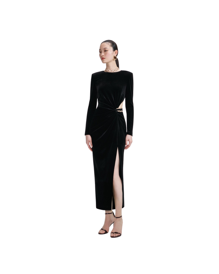 Black Velvet Embellished Midi Dress