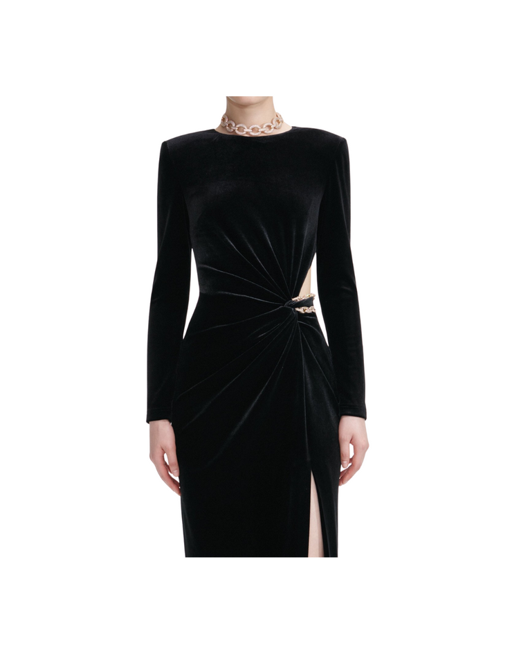 Black Velvet Embellished Midi Dress