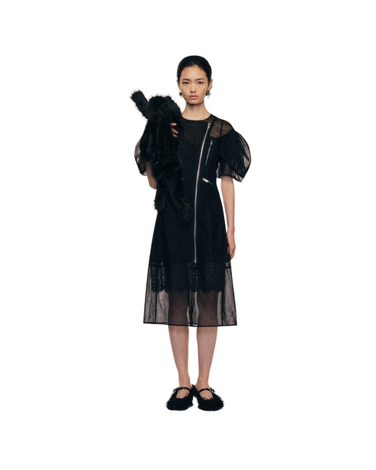 Sheer Sculpted Petal Sleeve Biker Dress