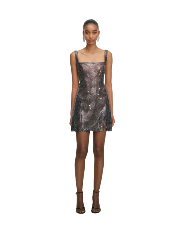 Gunmetal Rhinestone Mesh Mini Dress