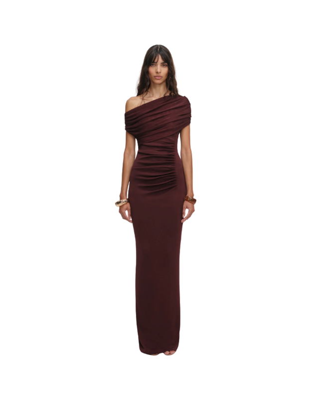 Brown Draped Knit Midi Dress